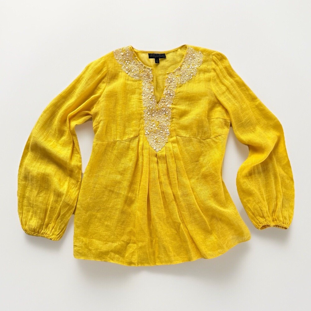 LAFAYETTE 148 Beaded Embellished 100% Linen Tunic Top Blouse 6 Petite Yellow